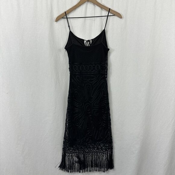 Guess Collection Black Silk Embroidered Lace Fringe Slip Dress Womens S Whimsy - Picture 2 of 14